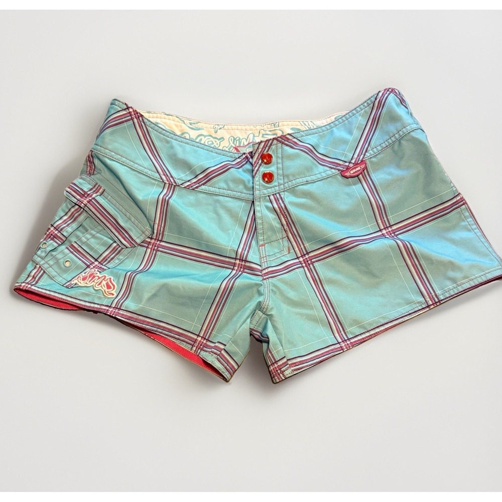 SIMS Y2K Plaid Board Shorts Womens 9 Aqua Pink Low Rise Surf Skater
